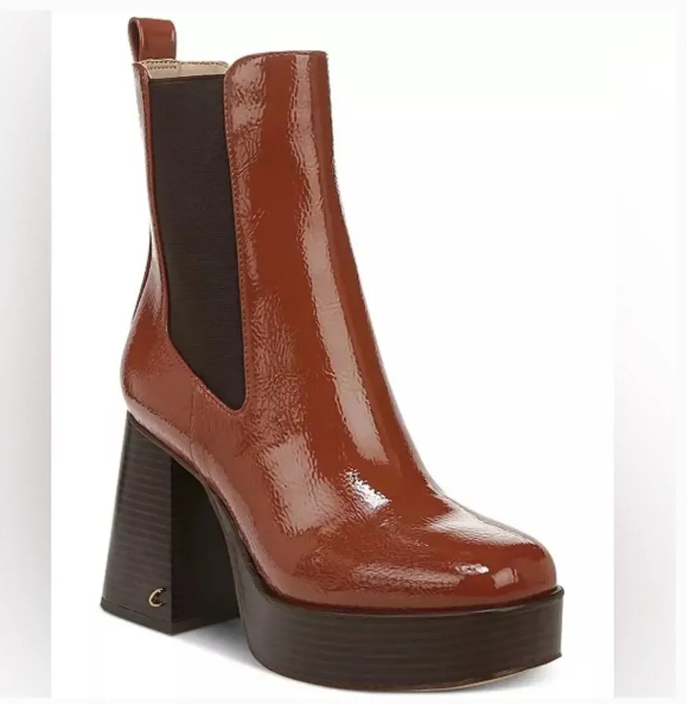 Sam Edelman Circus Stace Platform Booties 7 Cognac Brown Patent Ankle Boots